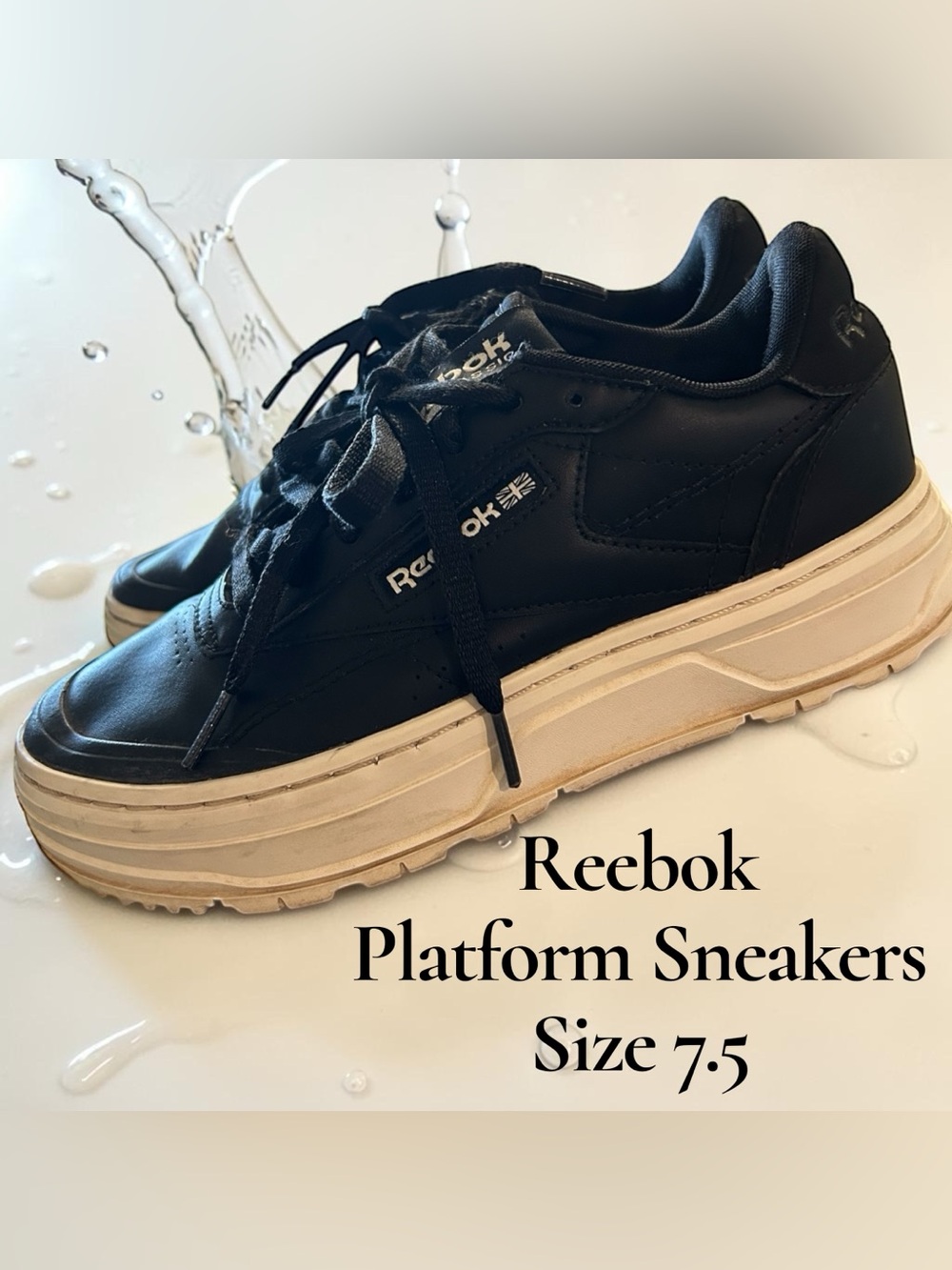 Reebok Women's Black Leather Platform Sneakers with Cream Sole